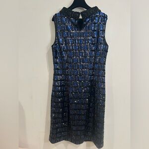 Per Se Blue and Black Sequin Window Pane Pattern Cocktail Dress Sz 10 NWOT